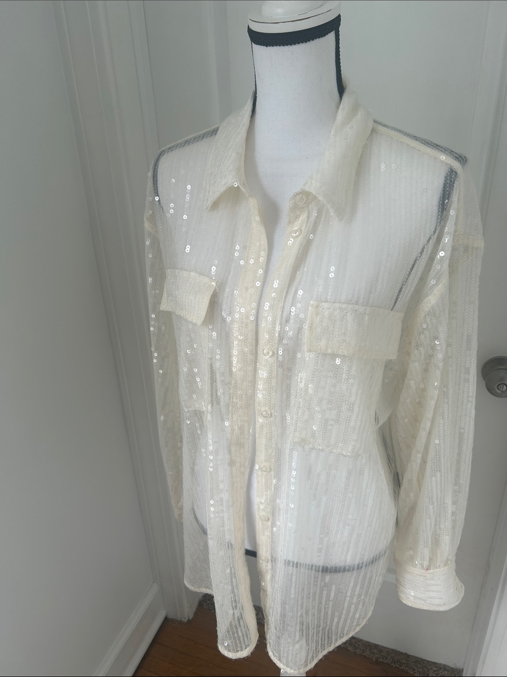 House of Harlow 1960 Sheer Sequin Button-Front Shirt - Cream